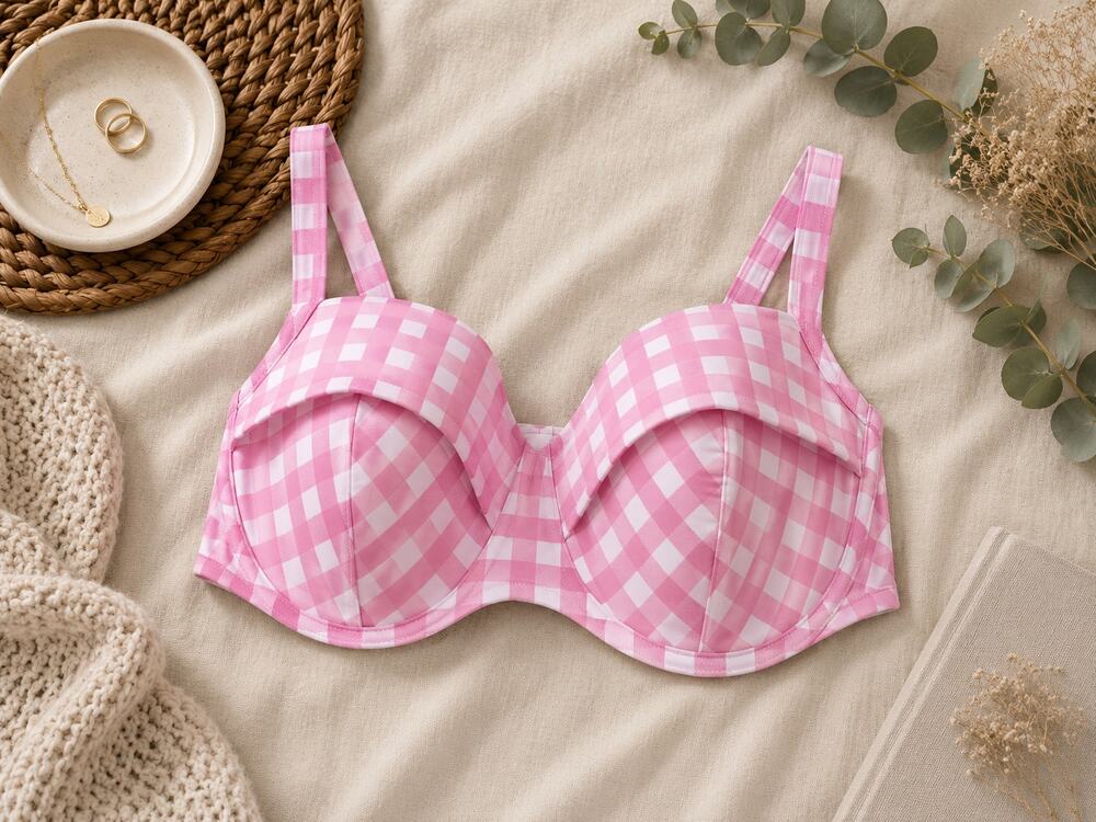 NWT Adore Me Vivien Balconette Swim Bikini Top Pink White Gingham Underwire 40G